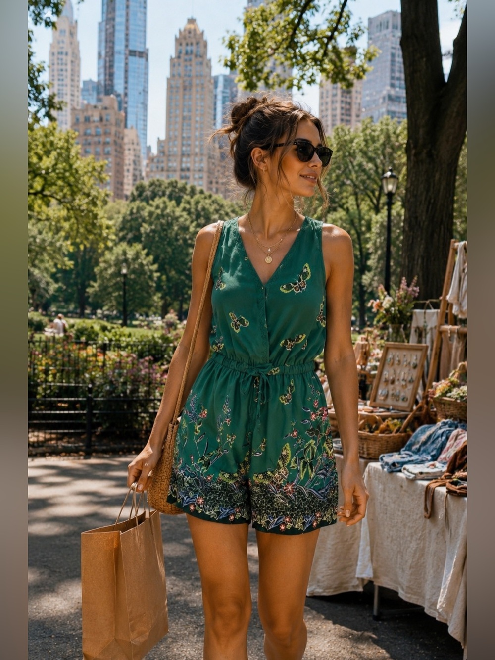 Elevense Green Butterfly Floral Open Back Romper Boho Summer Festival